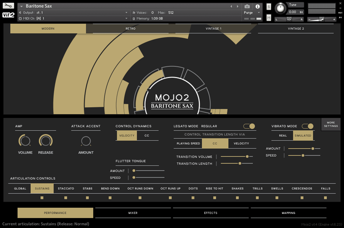 Vir2 Instruments - MOJO 2: Baritone Saxophone Kontakt Instruments Software GUI Artwork